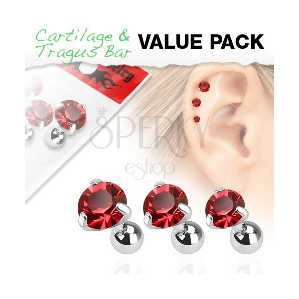 Set z chirurgickej ocele - tri piercingy do ucha, červený zirkón