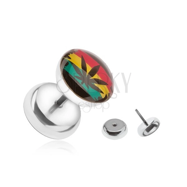 Oceľový falošný plug do ucha, farby Jamajky, marihuana