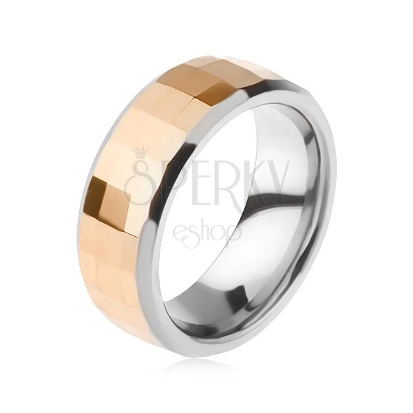 Volfrámový prsteň - dvojfarebný, geometricky brúsený pás zlatej farby