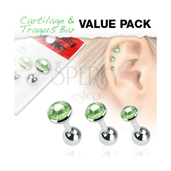 Set troch oceľových piercingov do ucha, okrúhle zelené kamienky
