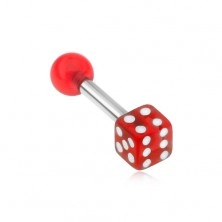 Oceľový piercing do tragusu - akrylová hracia kocka, červená, priehľadná