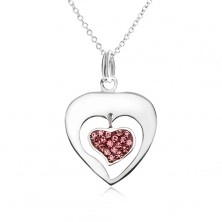 Náhrdelník - retiazka, obrys srdca, srdce, ružové zirkóniky, striebro 925