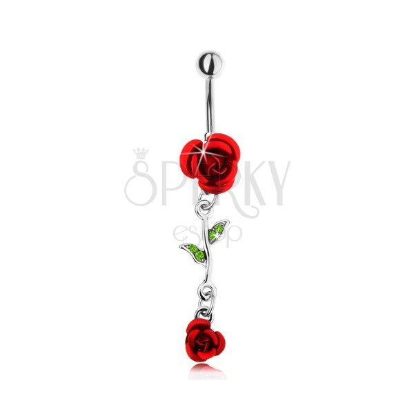 Oceľový piercing do pupka, dve červené ružičky, lesklá stonka s listami