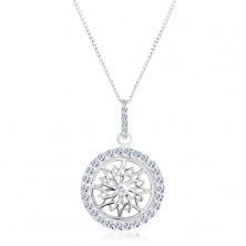 Strieborný náhrdelník 925, retiazka a prívesok, trblietavý kruh s ornamentom