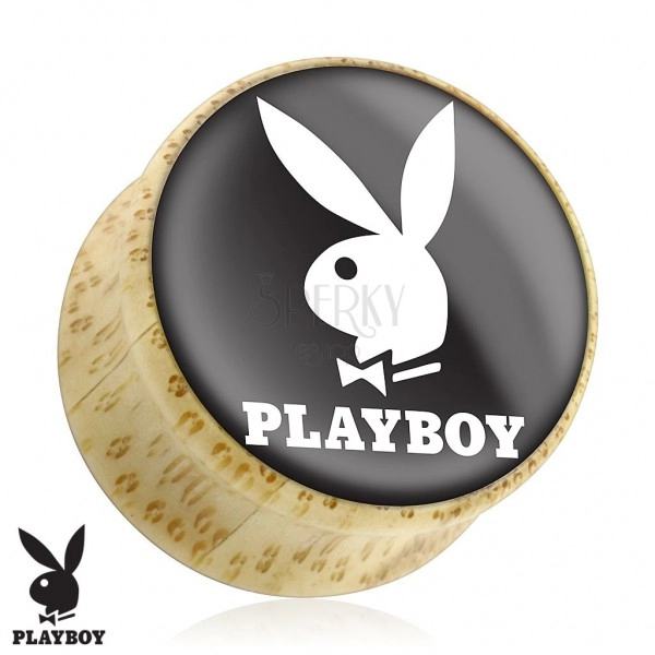 Sedlový plug do ucha z prírodného dreva, zajačik Playboy, čierny podklad