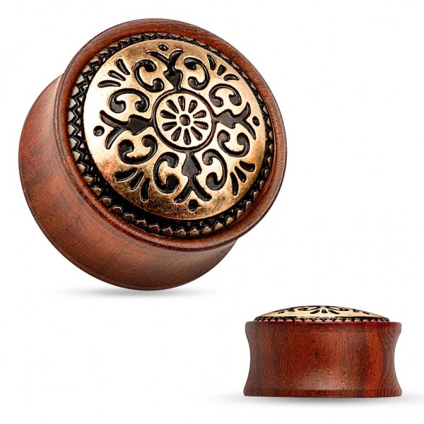 Sedlový plug do ucha z dreva mahagónovej farby, vyrezávaný kruh