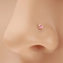 Zlatý 375 piercing do nosa, rovný - ligotavý zirkónik ružovej farby, 1,5 mm