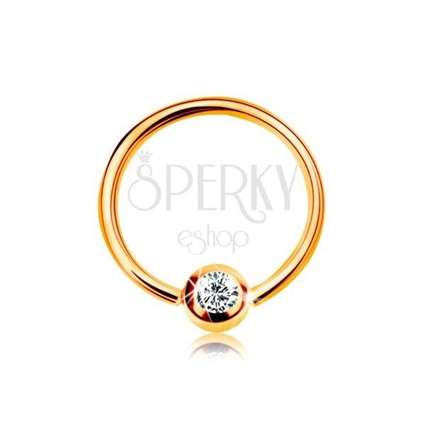 Zlatý 9K piercing - lesklý krúžok a gulička so vsadeným zirkónom čírej farby, 8 mm
