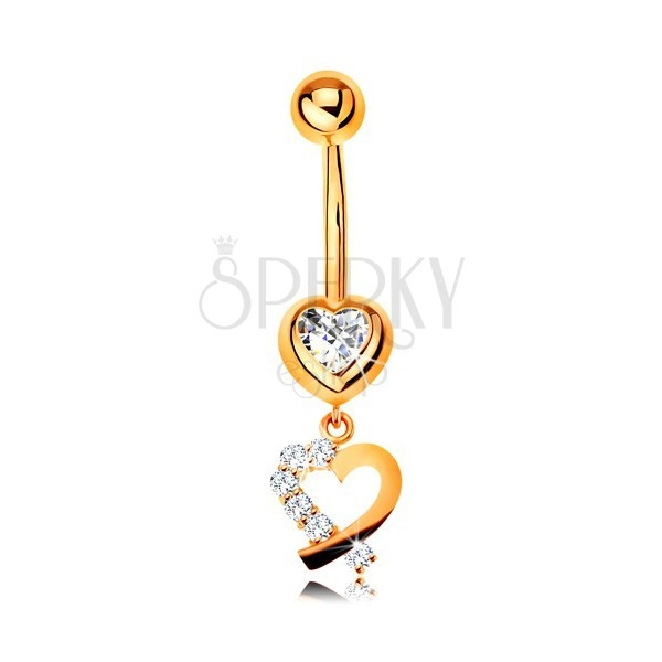 Zlatý 9K piercing do bruška - zirkónové srdce, obrys srdiečka s trblietavou polovicou