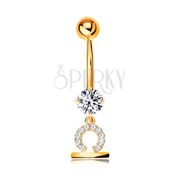 Zlatý 375 piercing do bruška - číry zirkón, lesklý symbol zverokruhu - VÁHY