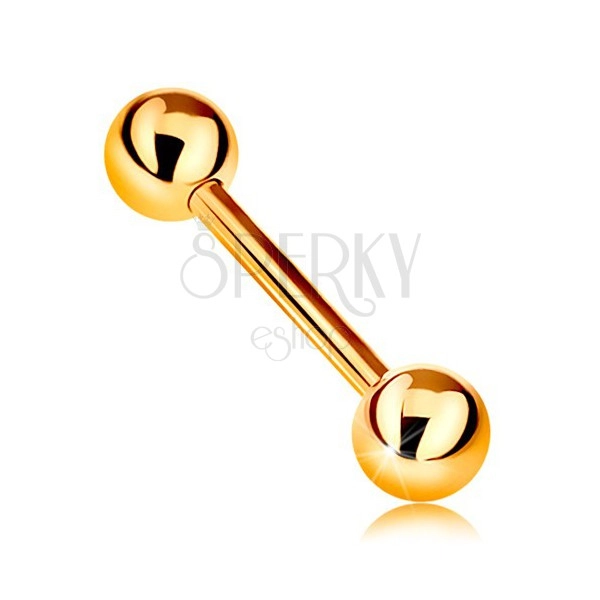 Zlatý 9K piercing - lesklý barbell s dvoma lesklými guličkami, žlté zlato, 12 mm