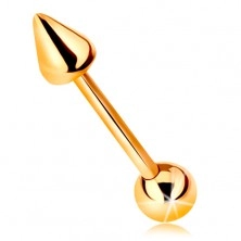 Zlatý 9K piercing - lesklá rovná činka s guličkou a kužeľom, 10 mm