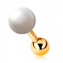 Piercing do ucha zo žltého 14K zlata, biela perla a lesklá gulička, 6 mm