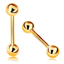 Zlatý 14K piercing - lesklý barbell s dvoma lesklými guličkami, žlté zlato, 12 mm
