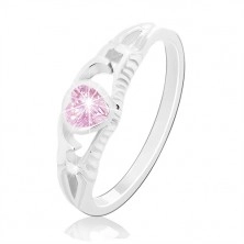 Strieborný 925 prsteň, ružové zirkónové srdce, rozdelené ramená s ornamentmi