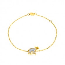 Náramok zo 14K zlata - sloník s trblietavými zirkónmi, jemná lesklá retiazka