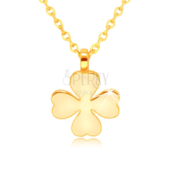 Náhrdelník zo žltého zlata 585 - štvorlístok so srdcovými listami, symbol šťastia