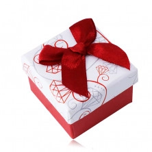 Bielo-červená darčeková krabička na náušnice a prsteň - ornamenty a červená mašľa
