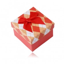 Darčeková krabička na prsteň alebo náušnice - károvaný vzor, červená mašlička