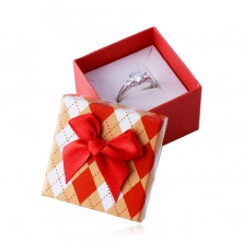 Darčeková krabička na prsteň alebo náušnice - károvaný vzor, červená mašlička