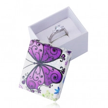 Darčeková krabička na náušnice alebo prsteň - biela farba, vrchná časť zdobená fialovým motýľom