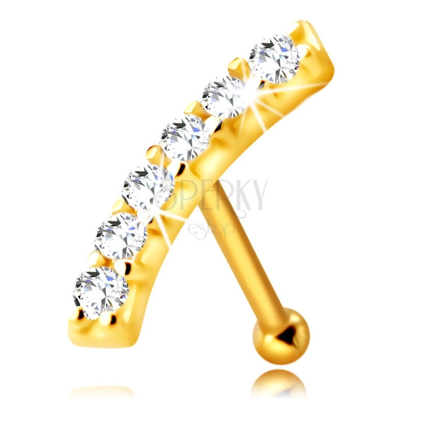 Zlatý 585 piercing do nosa - mierne zaoblený pásik s čírymi zirkónikmi