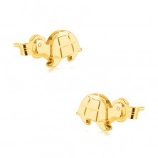 Zlaté náušnice z 9K zlata - zrkadlovolesklá korytnačka s gravírovaním, puzetky