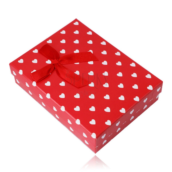 Červená darčeková krabička na set alebo náhrdelník - biele srdiečka, ozdobná mašlička
