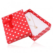 Červená darčeková krabička na set alebo náhrdelník - biele srdiečka, ozdobná mašlička