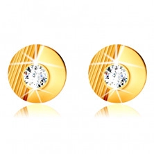 Zlaté 14K náušnice - krúžok so zárezmi, hladký polkruh, vsadený okrúhly zirkón, puzetky