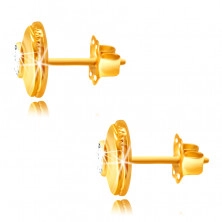 Zlaté 14K náušnice - krúžok so zárezmi, hladký polkruh, vsadený okrúhly zirkón, puzetky