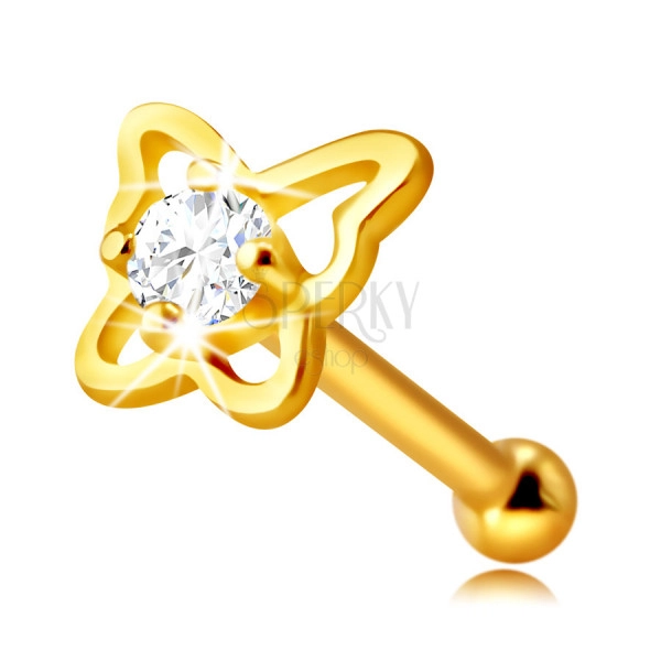 Diamantový piercing do nosa zo 14K žltého zlata - kontúra motýľa s briliantom, 1,5 mm