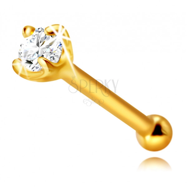 Diamantový piercing do nosa z 585 žltého zlata, rovný - trblietavý briliant v kotlíku, 1,75 mm