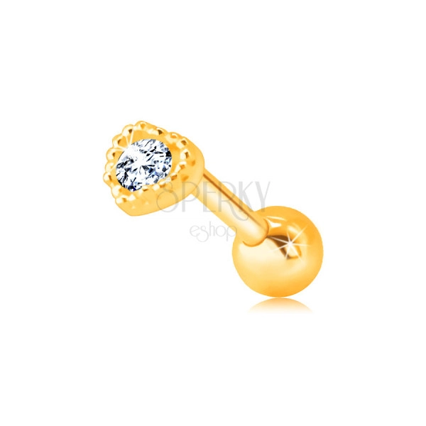 Diamantový piercing zo žltého 14K zlata do ucha - kontúra srdiečka s briliantom