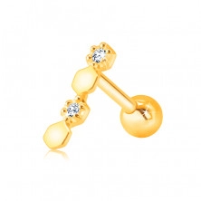 Diamantový piercing do ucha v žltom 9K zlate - šesťuholníky, číre brilianty v objímke
