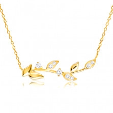 Diamantový náhrdelník zo žltého 14K zlata - stonka s hladkými a briliantovými listami