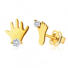 Diamantové náušnice zo žltého 14K zlata - silueta nožičky a rúčky, číre brilianty