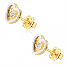 Diamantové náušnice v kombinovanom 14K zlate - srdiečko, okrúhly číry briliant