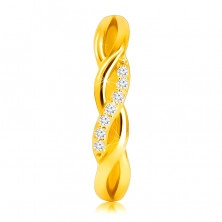 Lesklý prsteň zo 14K žltého zlata - prepletené vlnky, briliantová línia