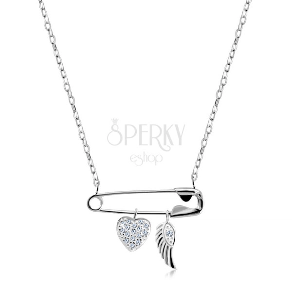 Strieborný 925 náhrdelník - zicherka s príveskami, srdiečko so zirkónmi, anjelské krídlo