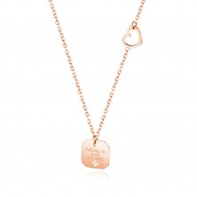 Oceľový náhrdelník, medená farba- tenká retiazka, známka s nápisom "Falling in love for real"