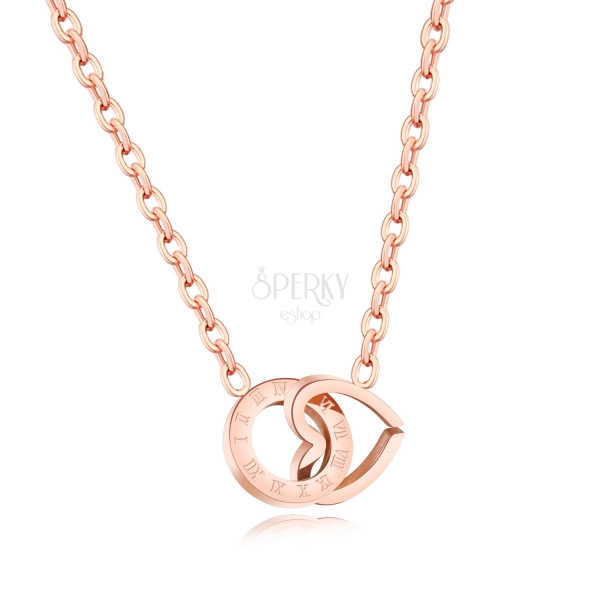 Oceľový náhrdelník, prepojený obrys srdca a kruhu, rímske číslice, medená farba