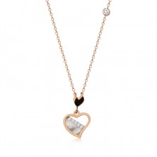 Oceľový náhrdelník v medenej farbe, nepravidelný obrys srdca, perleť, číre zirkóny 