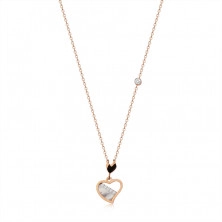 Oceľový náhrdelník v medenej farbe, nepravidelný obrys srdca, perleť, číre zirkóny 