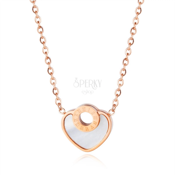 Náhrdelník z ocele, srdcová známka s perleťou, kontúra kruhu, rímske číslice, medená farba