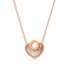 Náhrdelník z ocele, srdcová známka s perleťou, kontúra kruhu, rímske číslice, medená farba