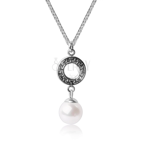Oceľový náhrdelník - krúžok s gréckym vzorom, perleťová gulička