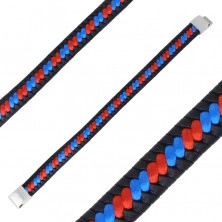 Čierny kožený náramok - zapletené červené a modré šnúrky, zásuvné zapínanie