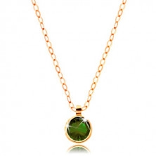 Zlatý náhrdelník 585 - okrúhly olivovo zelený zirkón, lesklá retiazka z oválnych očiek