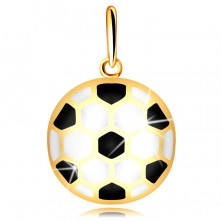 Zlatý 9K prívesok - vypuklá futbalová lopta s čiernou a bielou glazúrou, dutá zadná strana
